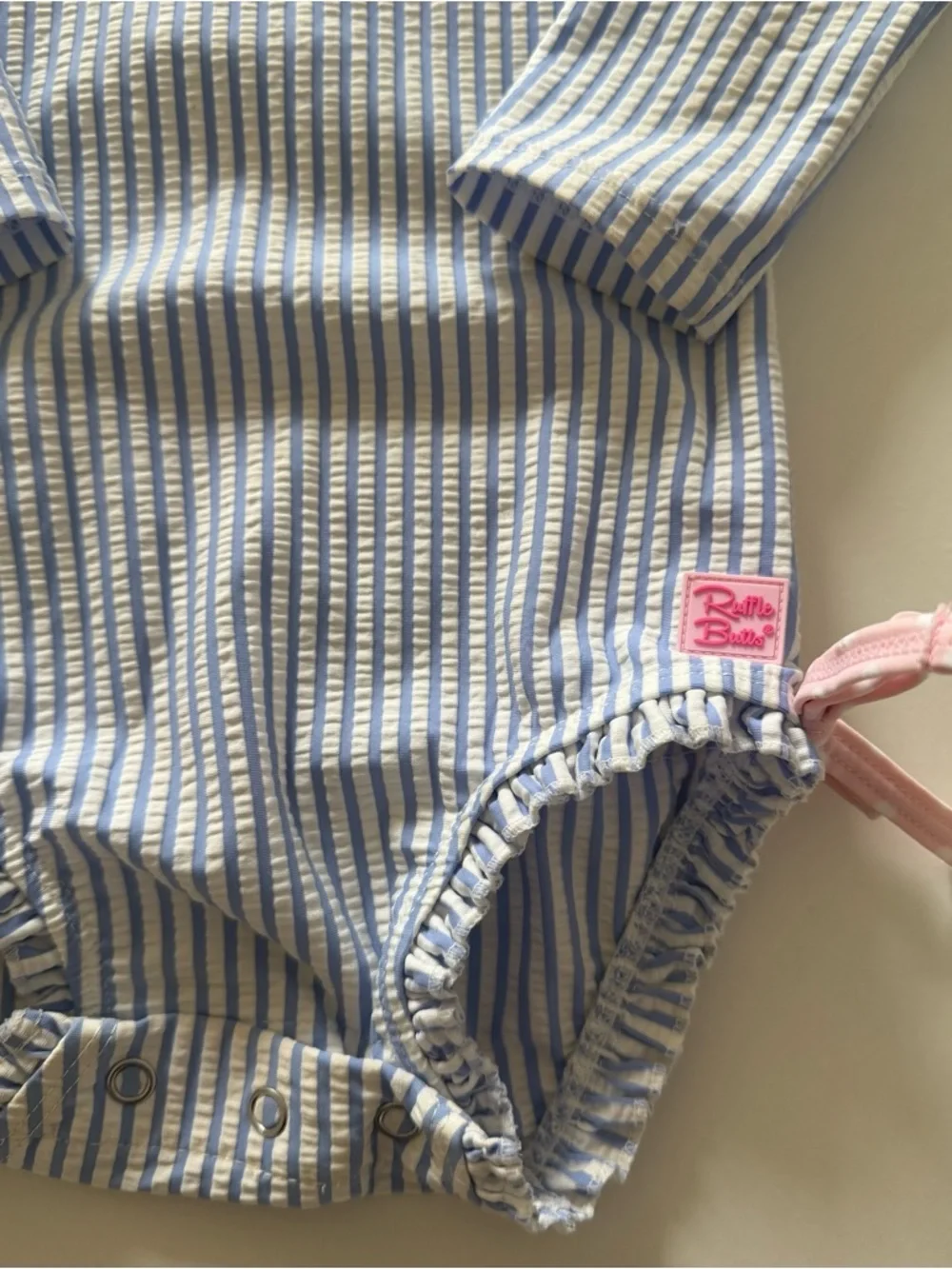 RuffleButts Baby Toddler Girl Blue Seersucker Long Sleeve One-Piece Swimsuit